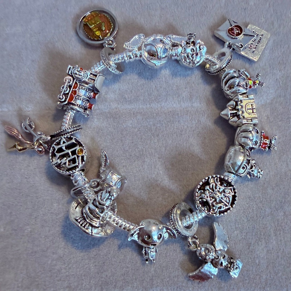 Pandora-like Harry Potter Charm Themed Bracelet Hogwarts Train Golden Snitch